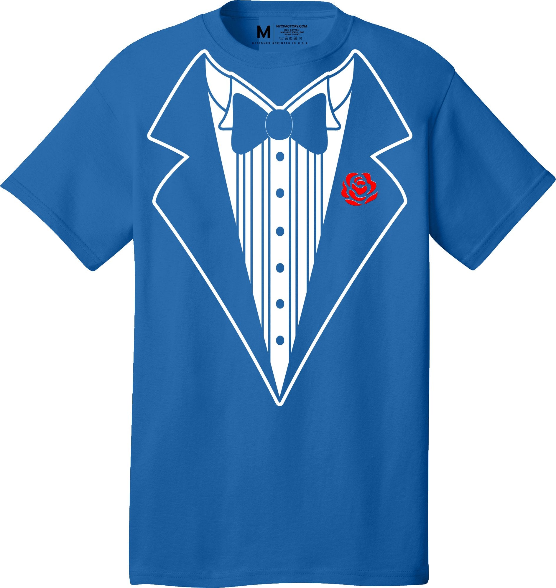 Men's Funny Tuxedo T-Shirt (Royal Blue, Bowtie & Rose)