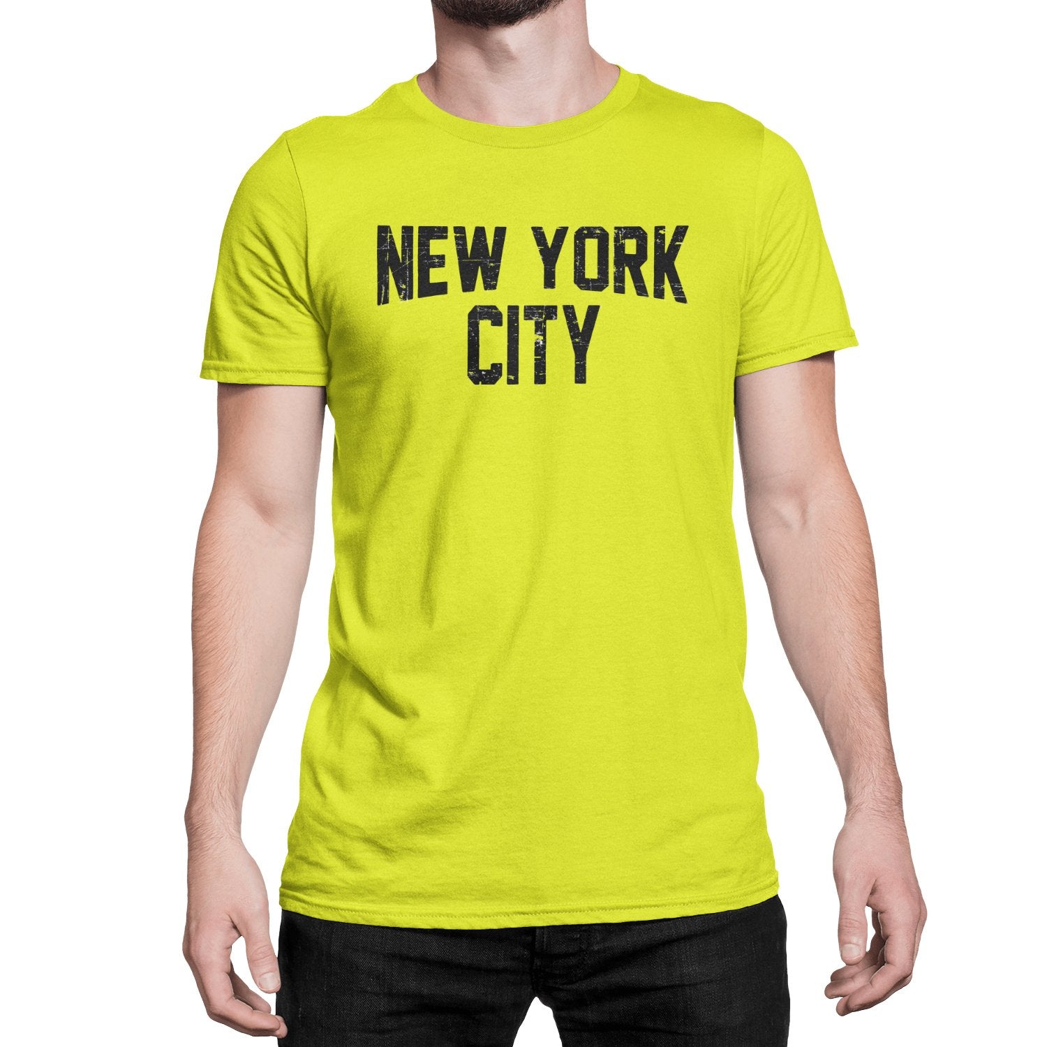 New York City T-shirt unisexe en détresse sérigraphié jaune fluo Lennon Tee