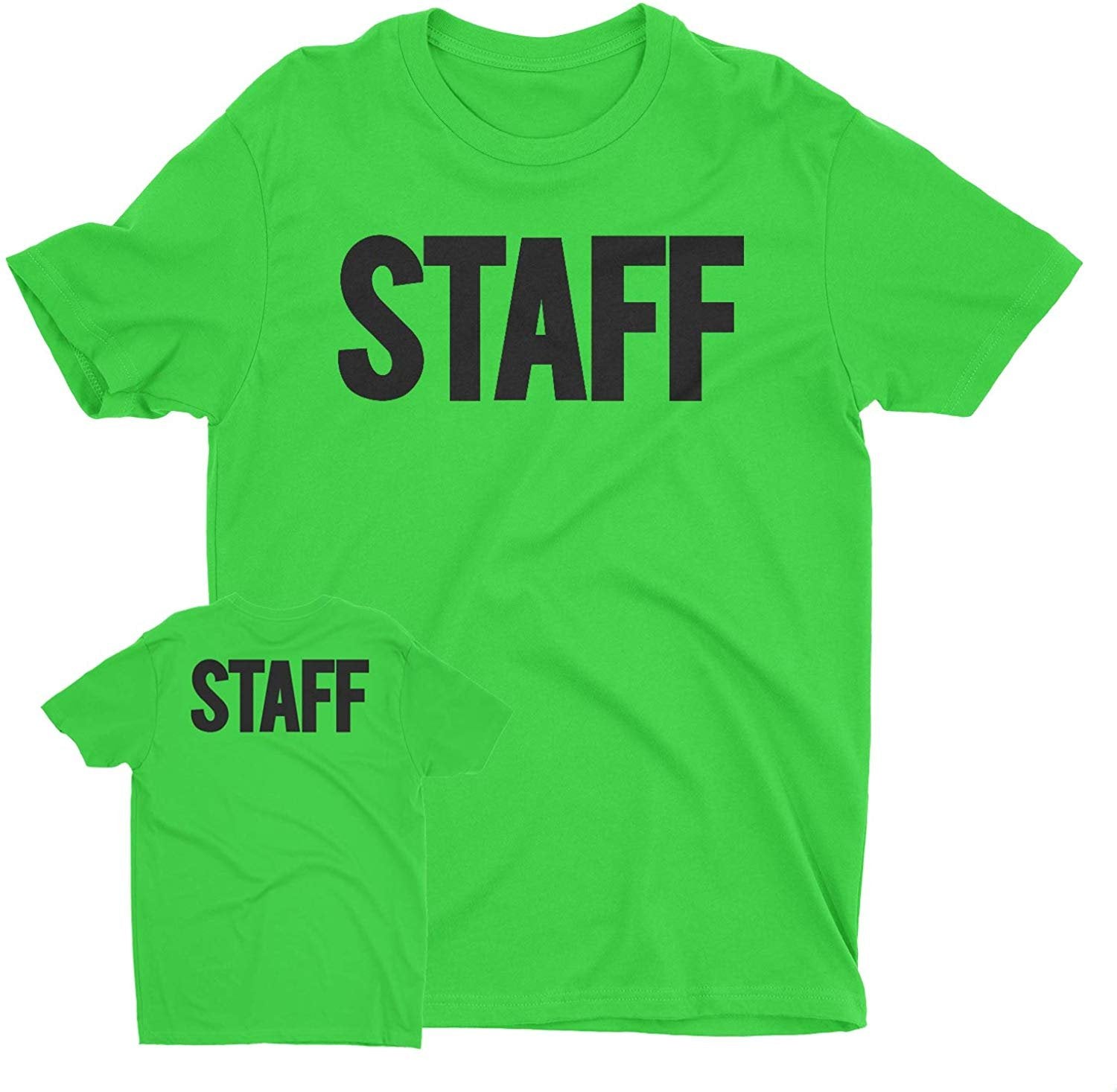 Men's Staff T-Shirt Front Back Screen Print Tee (BB, Neon Green & Black)