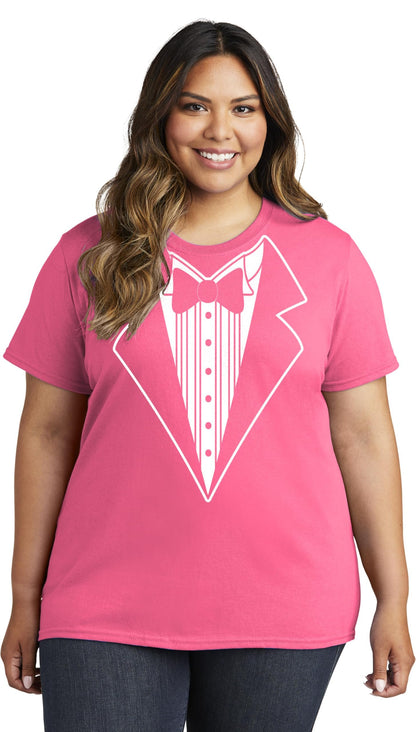 Ladies Faux Tuxedo T-Shirt (Hot Pink, Bowtie)
