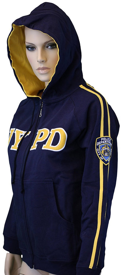 NYPD Logo Brodé Femmes Dames Sweat à Capuche Zippé Bleu Marine