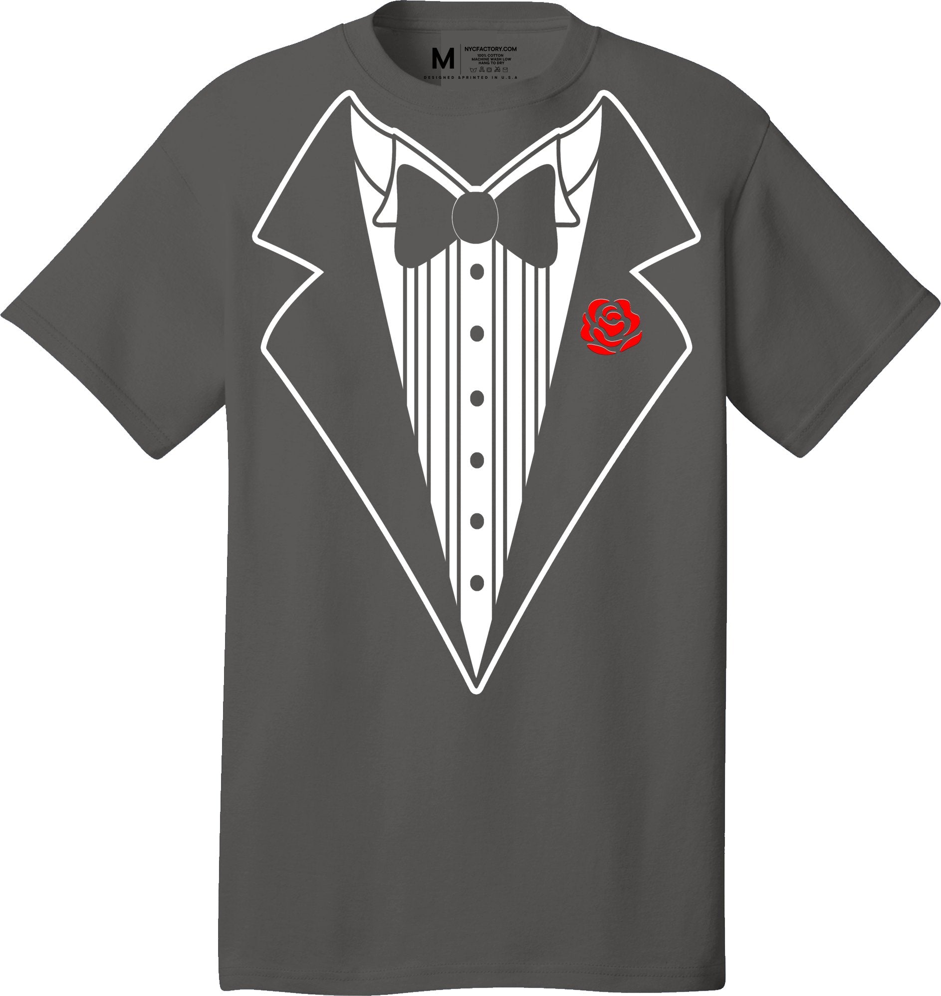 Men's Funny Tuxedo T-Shirt (Charcoal, Bowtie & Rose)
