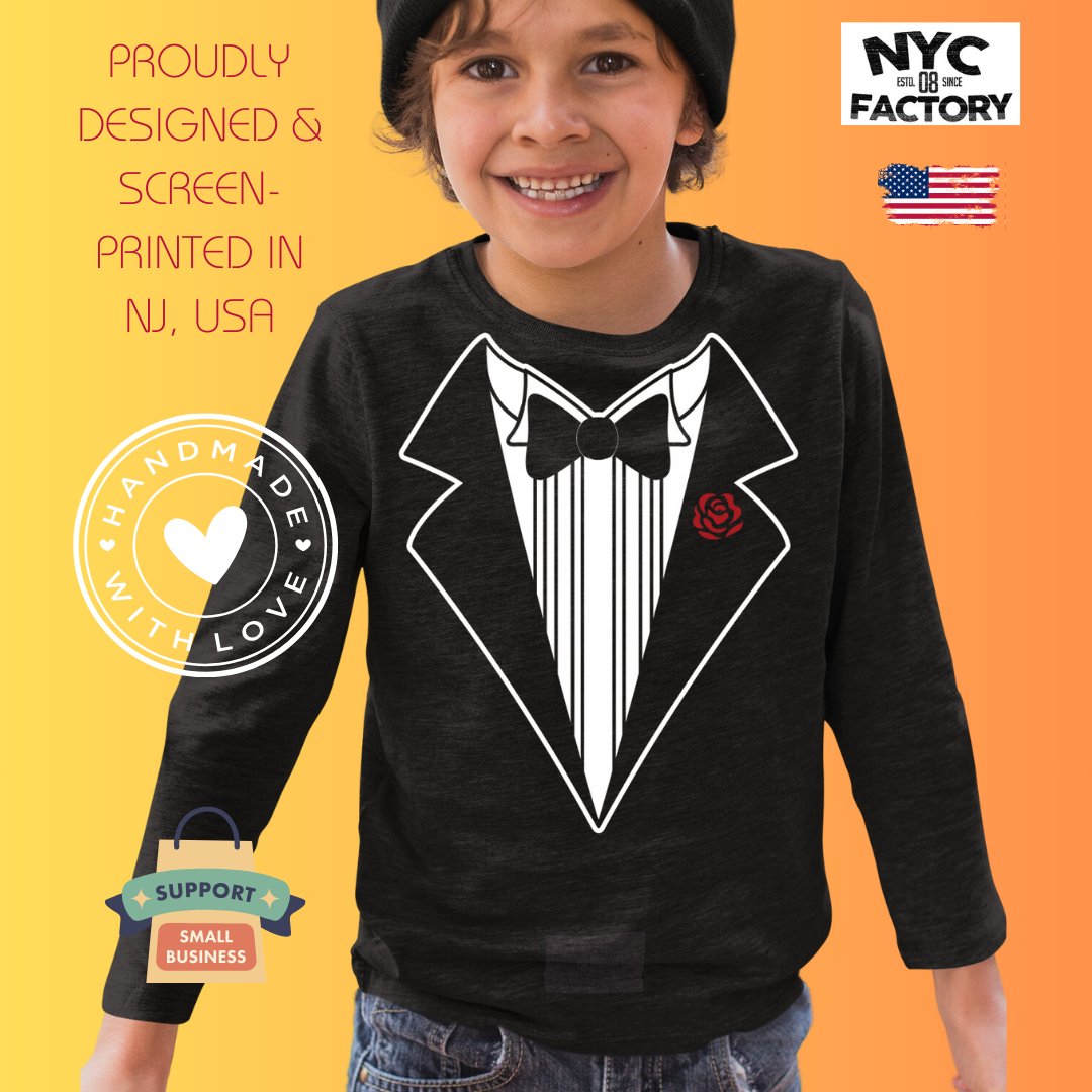 Kids Tuxedo Tee Long Sleeve Funny T-Shirt Youth Black Bowtie & Rose