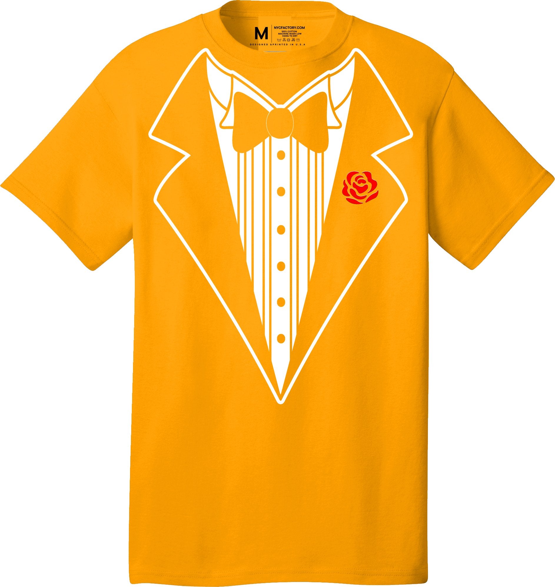 Men's Funny Tuxedo T-Shirt (Gold, Bowtie & Rose)