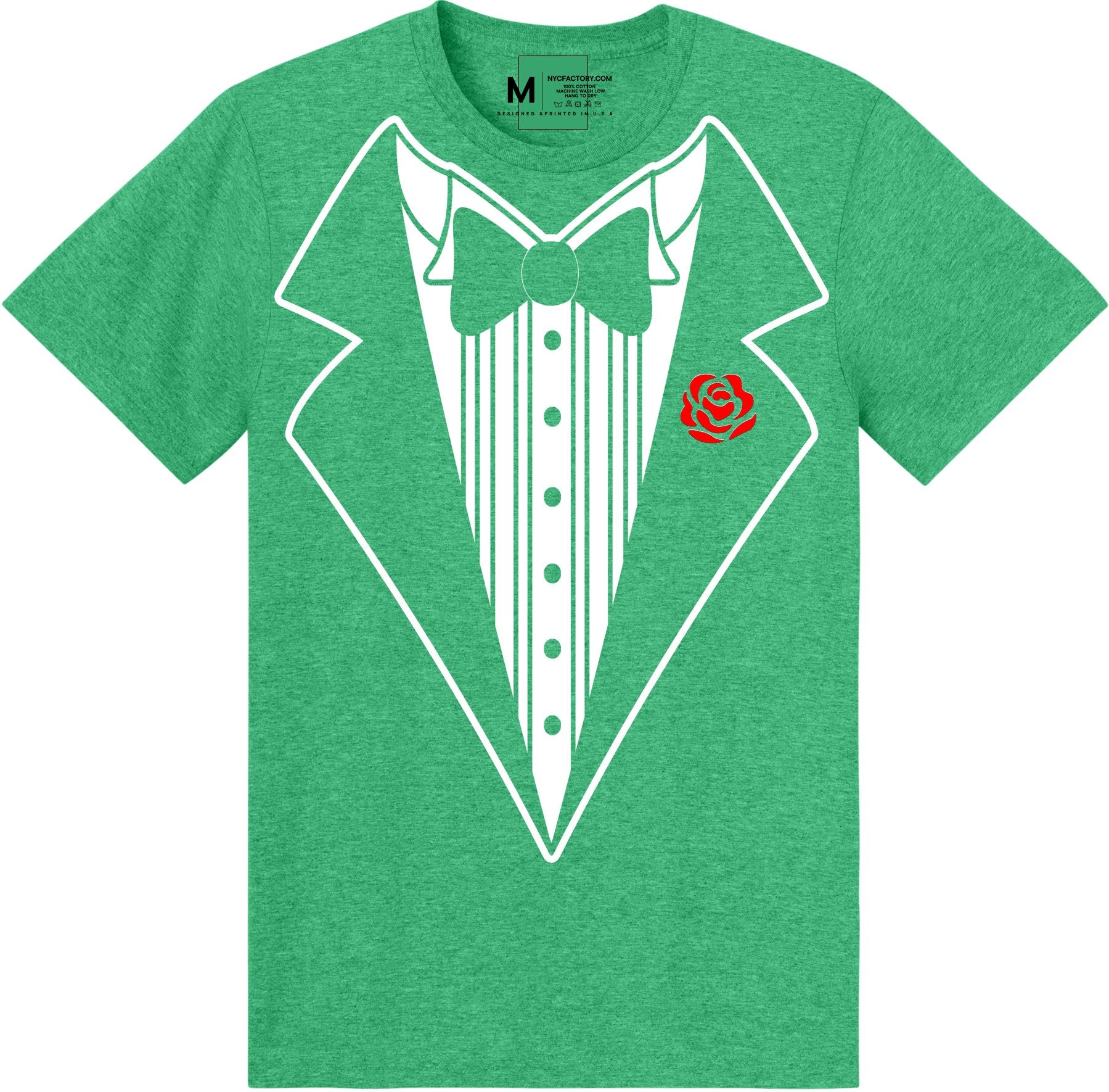 Men's Funny Tuxedo T-Shirt (Heather Green, Bowtie & Rose)