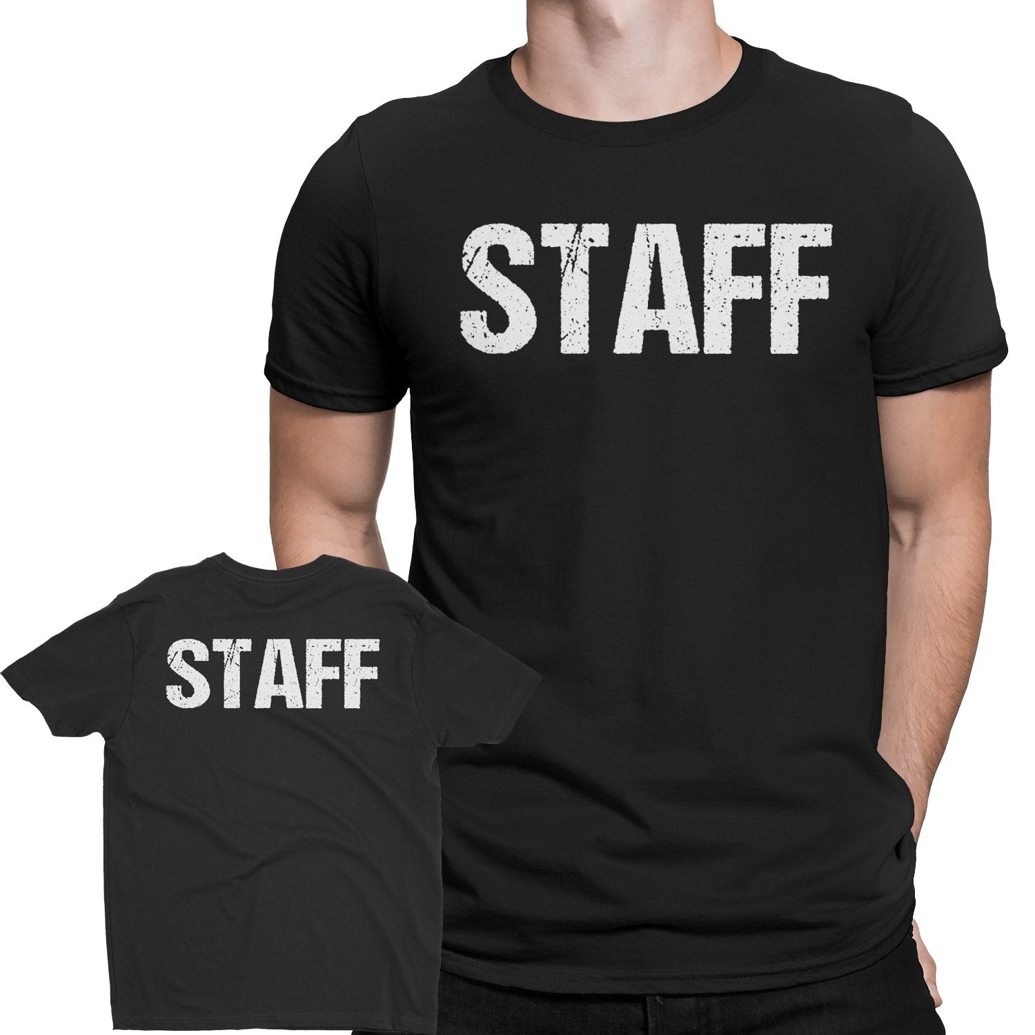 Herren Staff T-Shirt Design Siebdruck vorne und hinten (Distressed, Black &amp; White)
