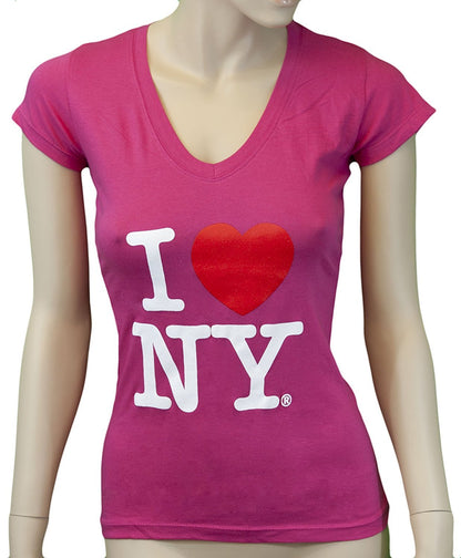 I Love NY New York T-shirt à col en V pour femme Spandex Heart Hot Pink