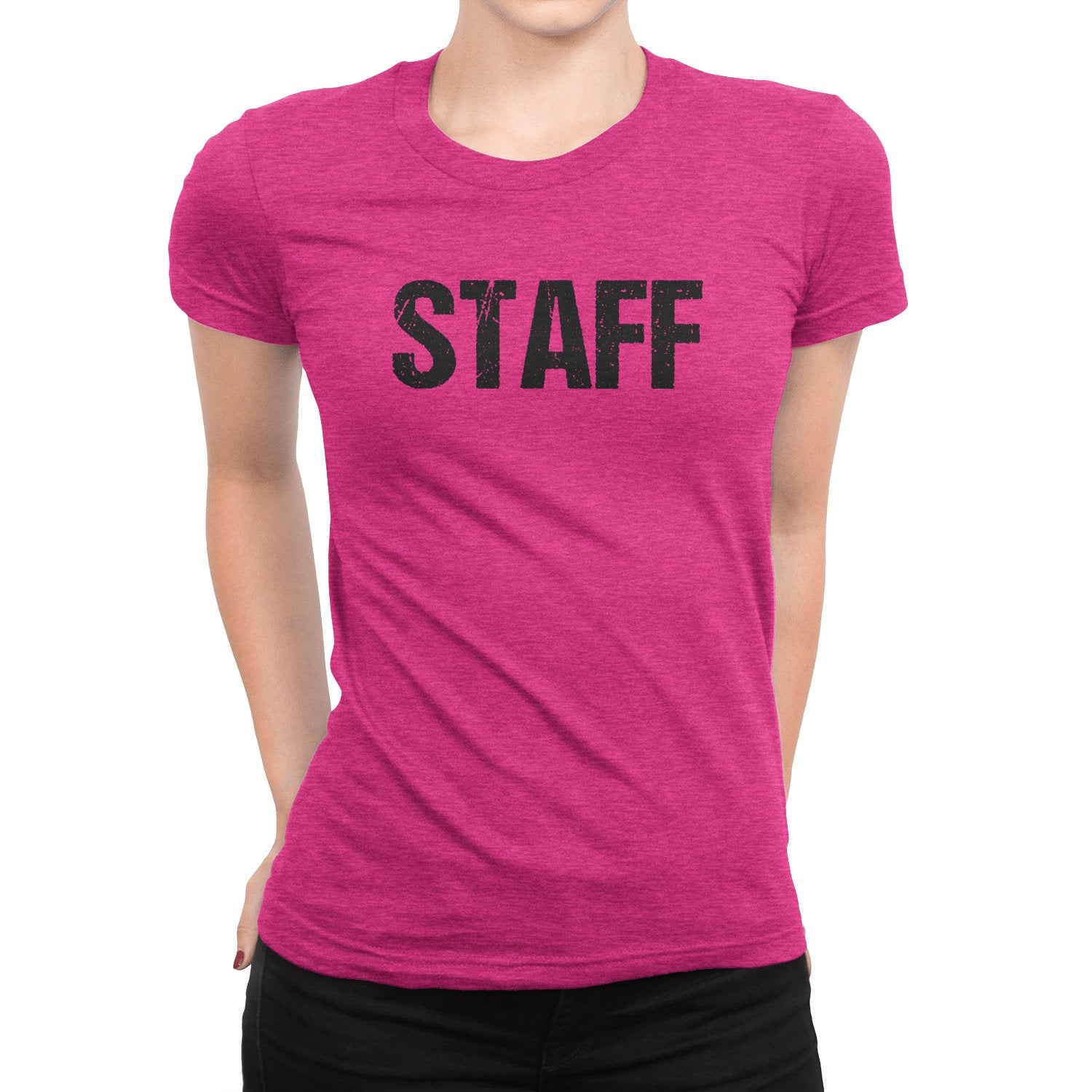 Staff Ladies Short Sleeve T-Shirt (Distressed Design, Heather Pink)