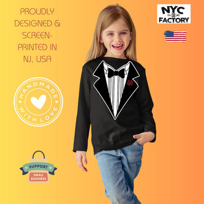 Kids Tuxedo Tee Long Sleeve Funny T-Shirt Youth Black Bowtie & Rose