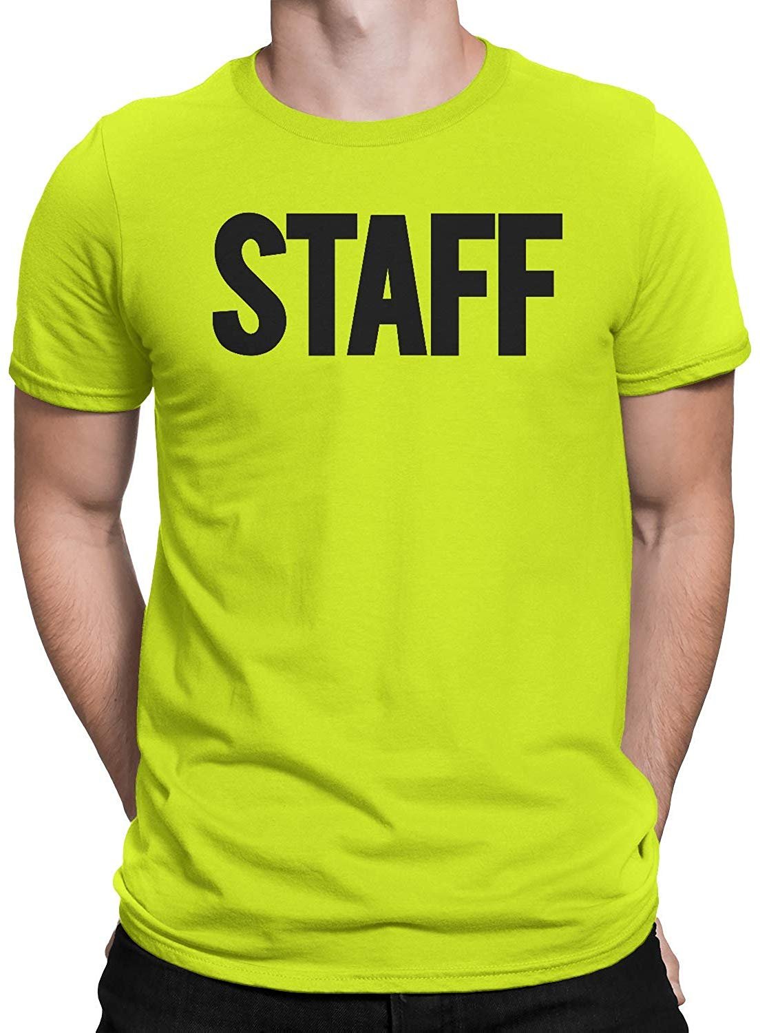 Men's Staff T-Shirt Front Back Screen Print Tee (BB, Safety Green & Black)