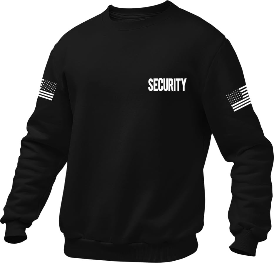 NYC FACTORY Security Crewneck Sweatshirt With USA Flag Sleeve Prints, Black