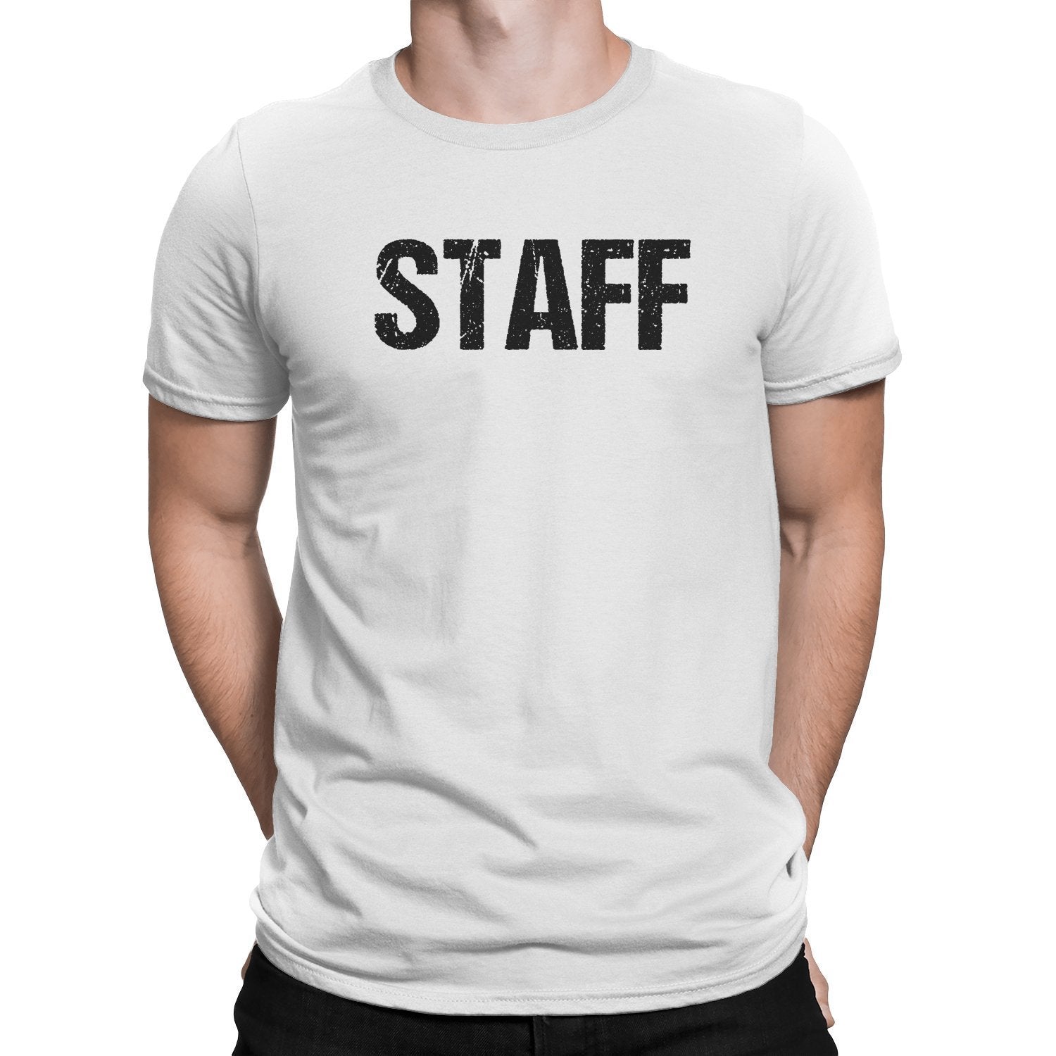 Staff T-Shirt Weißes Herren-T-Shirt Staff Event Shirt Vorder- und Rückseite mit Siebdruck