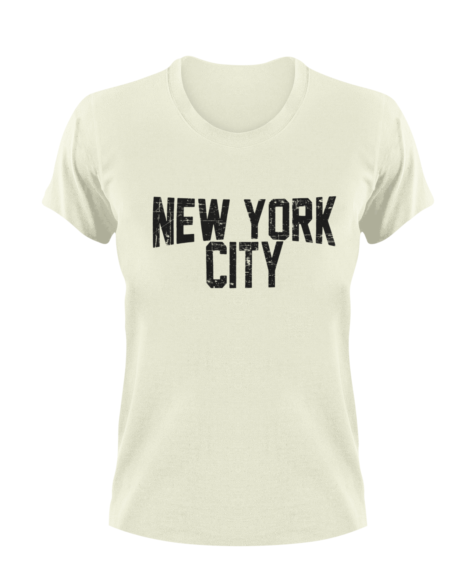 Beige t-shirt with distressed 'New York City' text on a white background