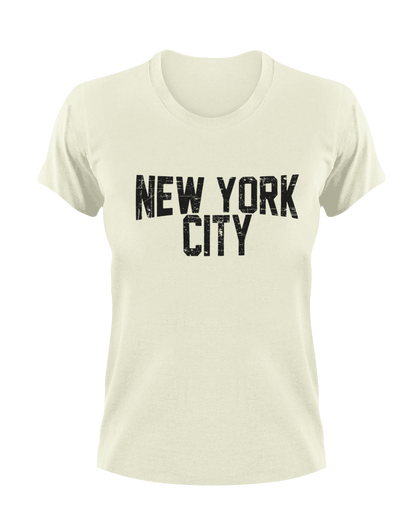 Beige t-shirt with distressed 'New York City' text on a white background