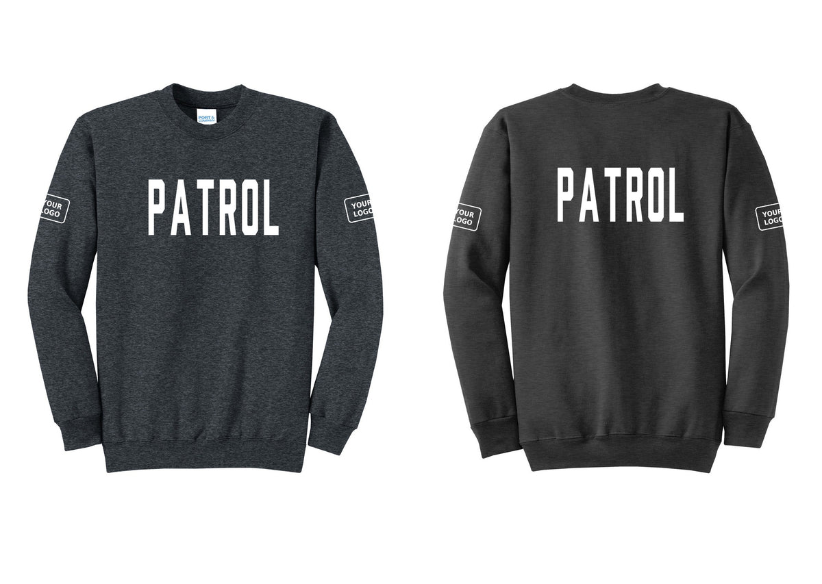 NYC Factory Custom Logo Patrol Cotton Fleece Crewneck Sweatshirt (Classic) - Front + Back + Your Logo Sleeves - Dark Heather Grey