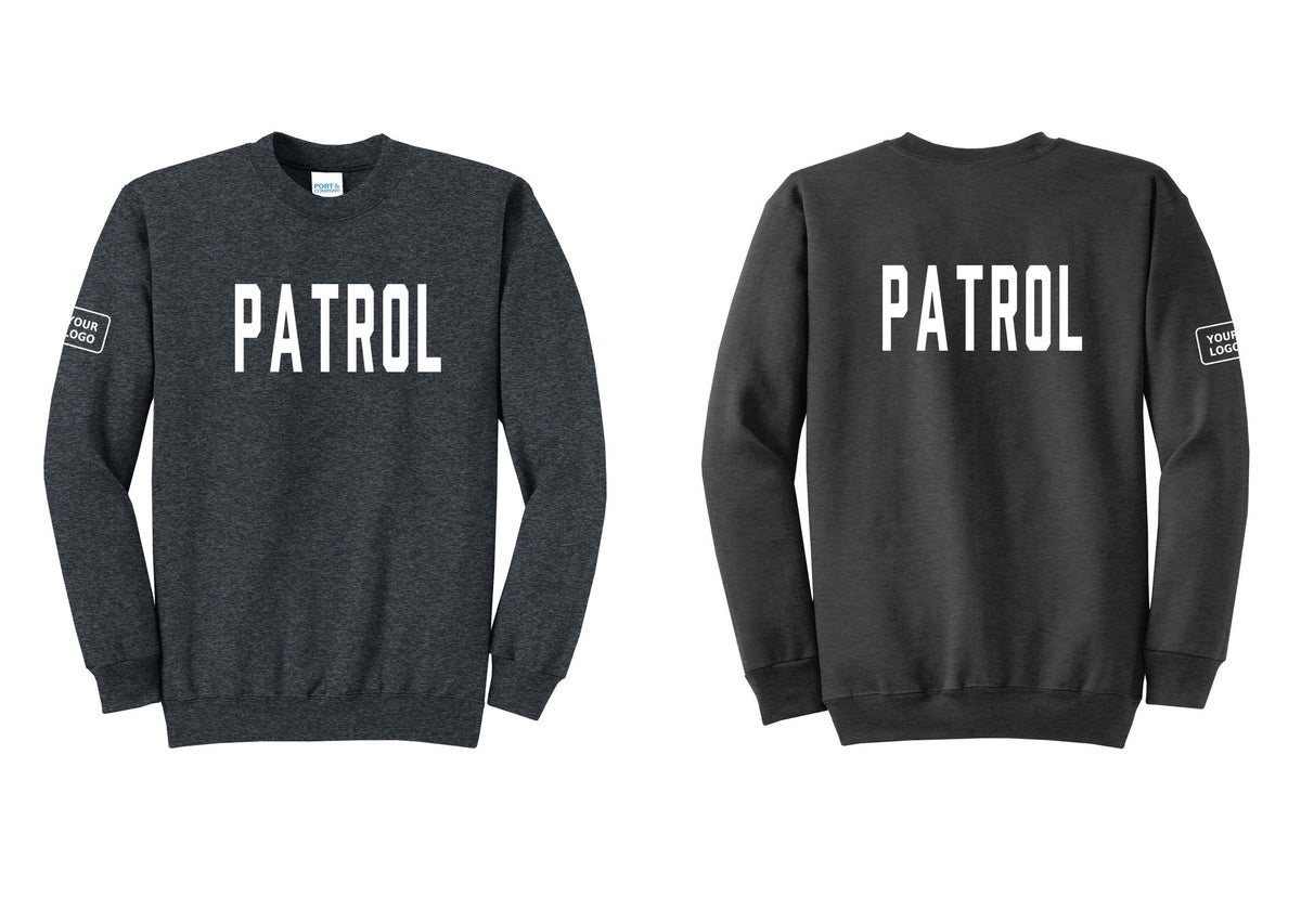 NYC Factory Custom Logo Patrol Cotton Fleece Crewneck Sweatshirt (Classic) - Front + Back + Your Logo Sleeve - Dark Heather Grey