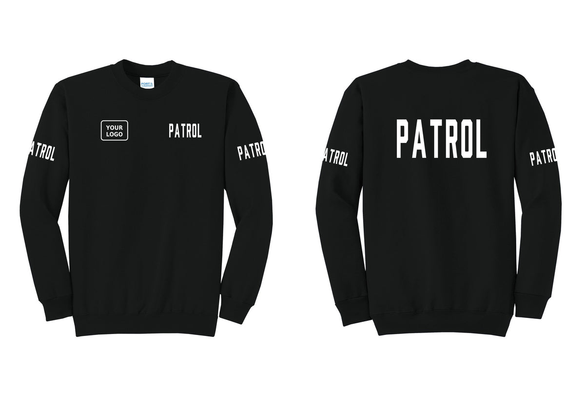 NYC Factory Custom Logo Patrol Cotton Fleece Crewneck Sweatshirt (Classic) - PATROL + Your Logo + Back + Patrol Sleeves - Black