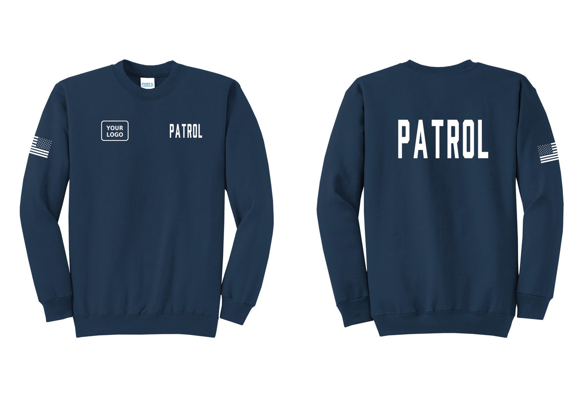 NYC Factory Custom Logo Patrol Cotton Fleece Crewneck Sweatshirt (Classic) - PATROL + Your Logo + Back + US Flag Sleeve - Navy