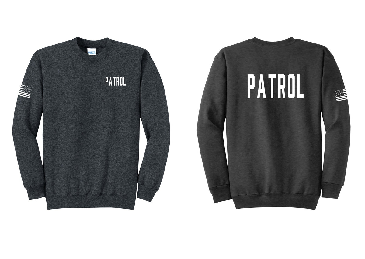 NYC Factory Patrol Cotton Fleece Crewneck Sweatshirt (Classic) - Chest + Back + US Flag Sleeve - Dark Heather Grey