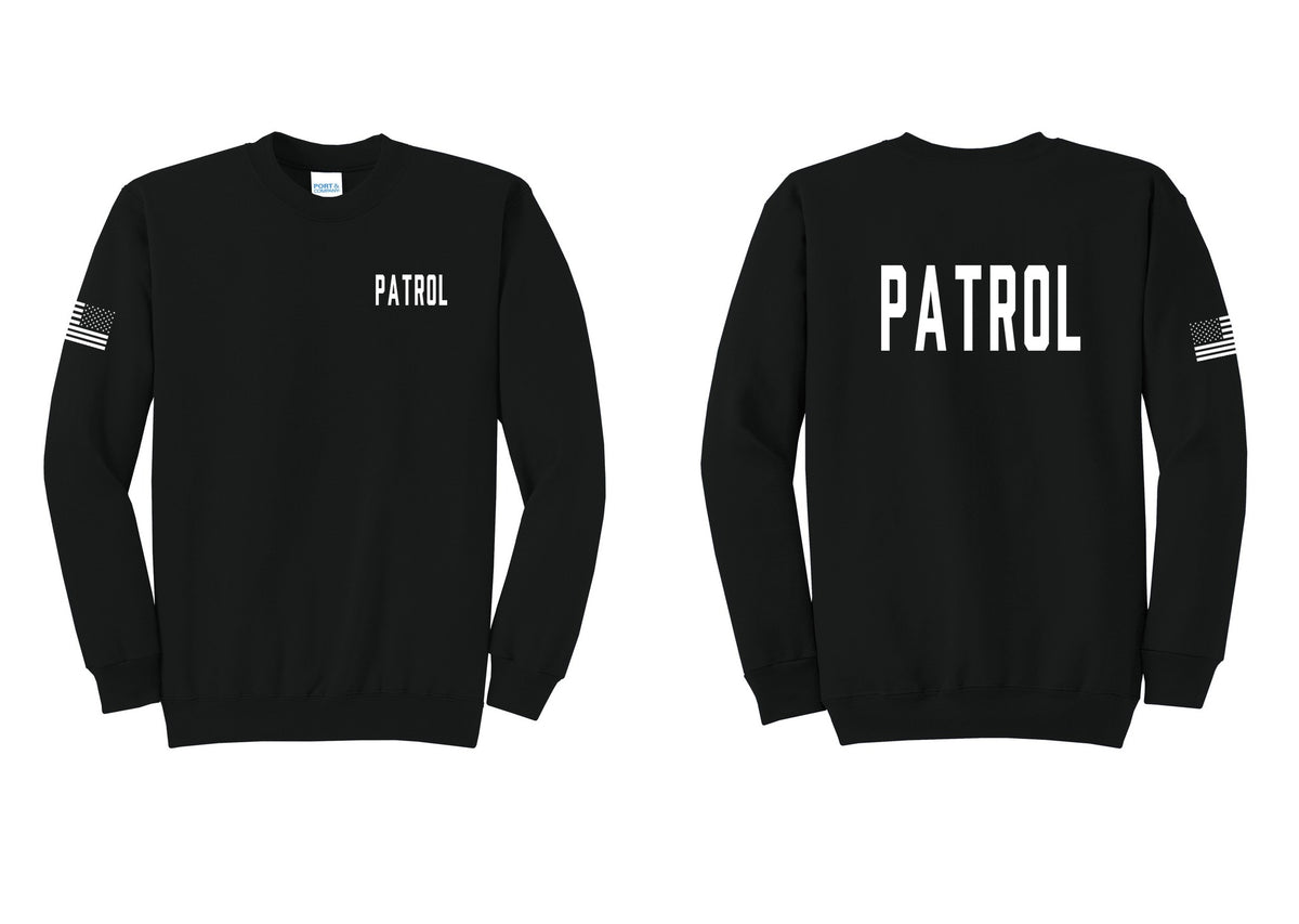 NYC Factory Patrol Cotton Fleece Crewneck Sweatshirt (Classic) - Chest + Back + US Flag Sleeve - Black