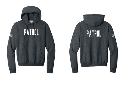NYC Factory Patrol Cotton Fleece Pullover Hoodie (Classic) - Front + Back + US Flag Sleeve - Dark Heather Grey