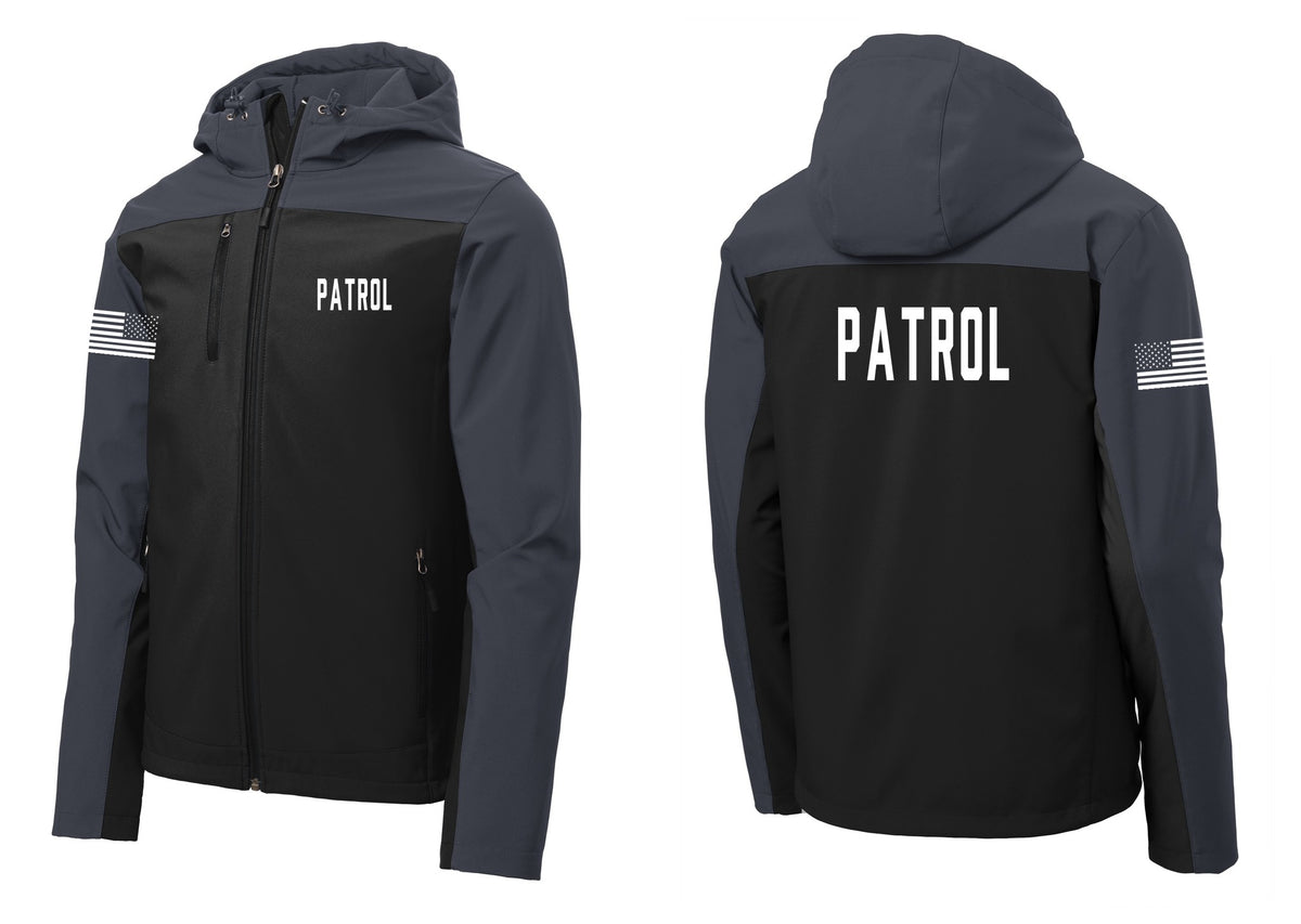 NYC Factory Patrol Hooded Soft Shell Jacket (Classic) - Chest + Back + US Flag Sleeve - Black / Battleship Grey