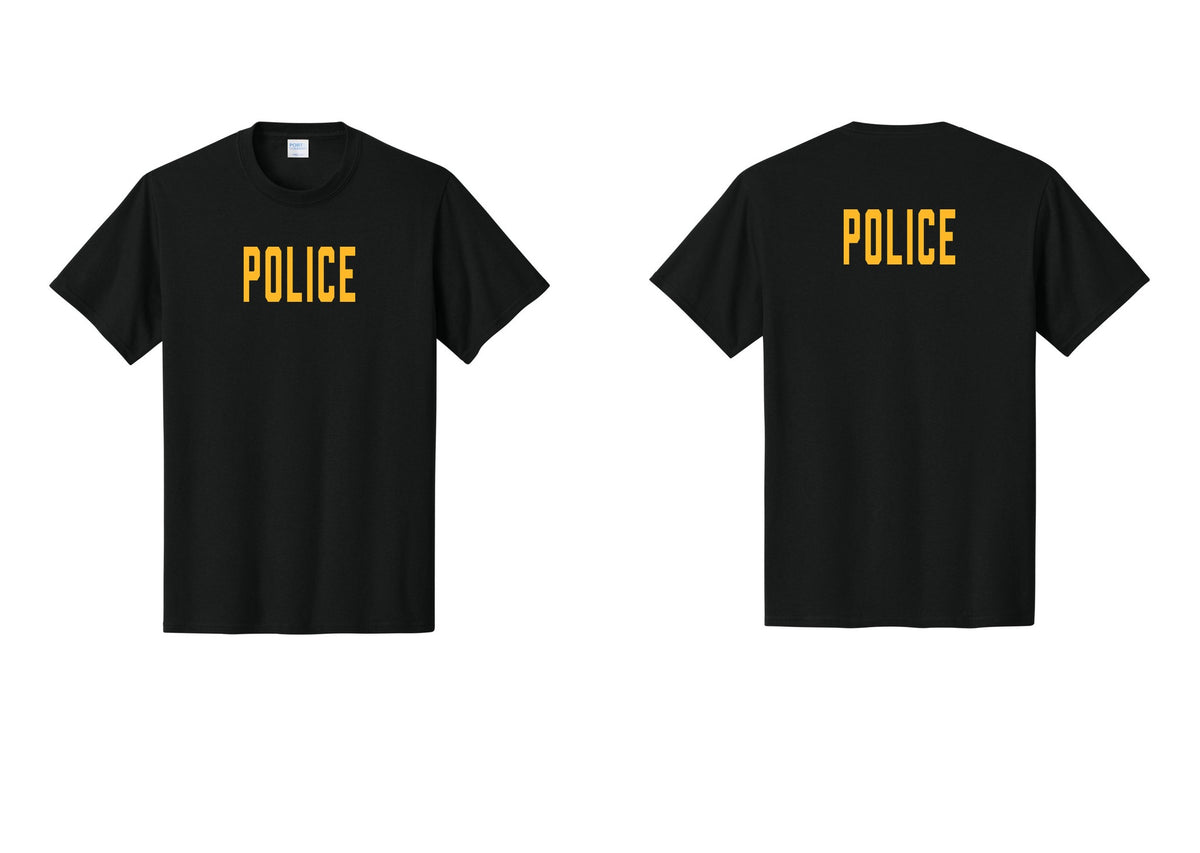 NYC Factory Police T-Shirt, Condensed Lettering - Front + Back - Black / Gold