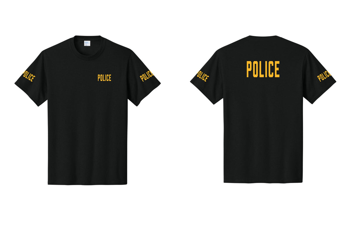 NYC Factory Police T-Shirt, Condensed Lettering - Chest + Back + Police Sleeves - Black / Gold