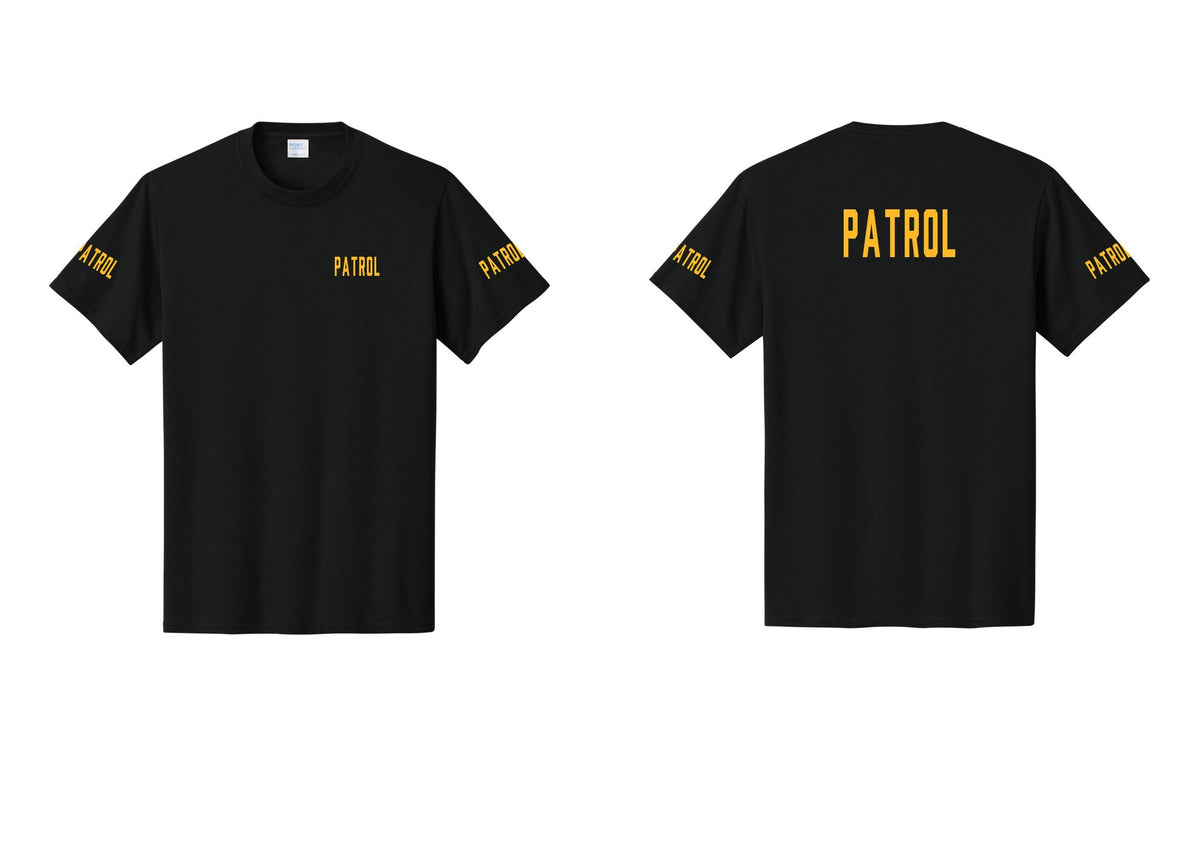 NYC Factory Patrol T-Shirt for Security & Event Teams (Classic) - Chest + Back + Patrol Sleeves - Black / Gold