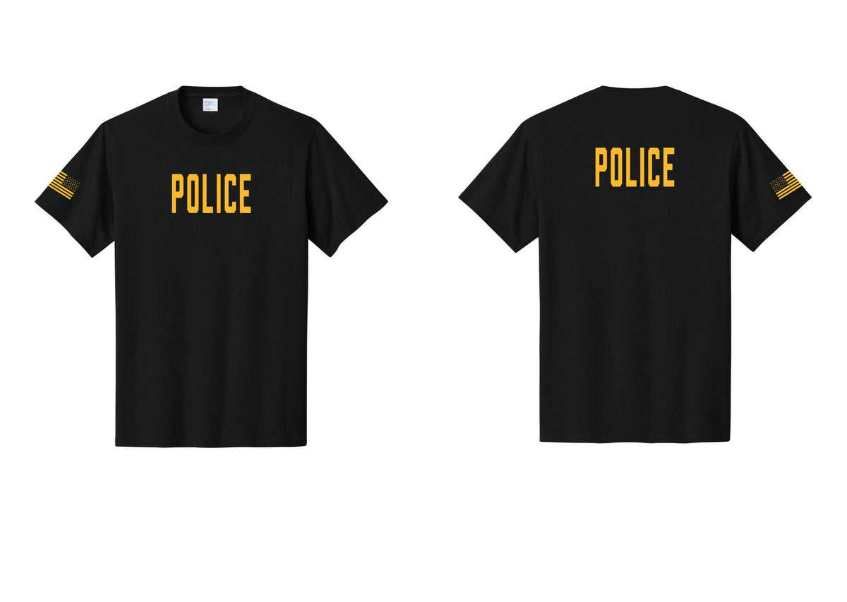 NYC Factory Police T-Shirt, Condensed Lettering - Front + Back + US Flag Sleeve - Black / Gold