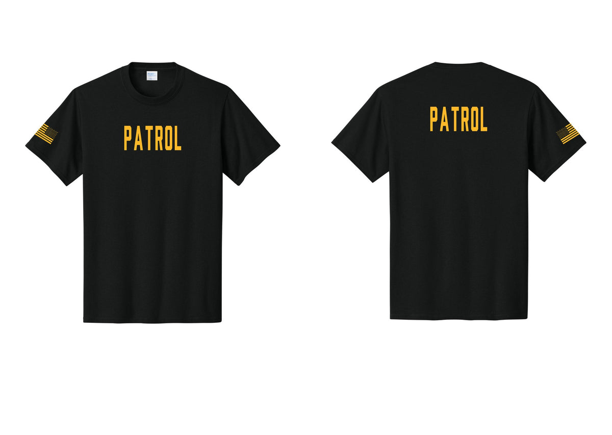 NYC Factory Patrol T-Shirt for Security & Event Teams (Classic) - Front + Back + US Flag Sleeve - Black / Gold