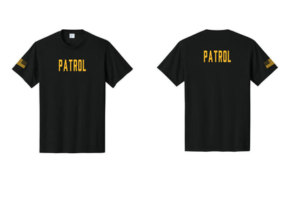 NYC Factory Patrol T-Shirt for Security & Event Teams (Classic) - Front + Back + US Flag Sleeve - Black / Gold