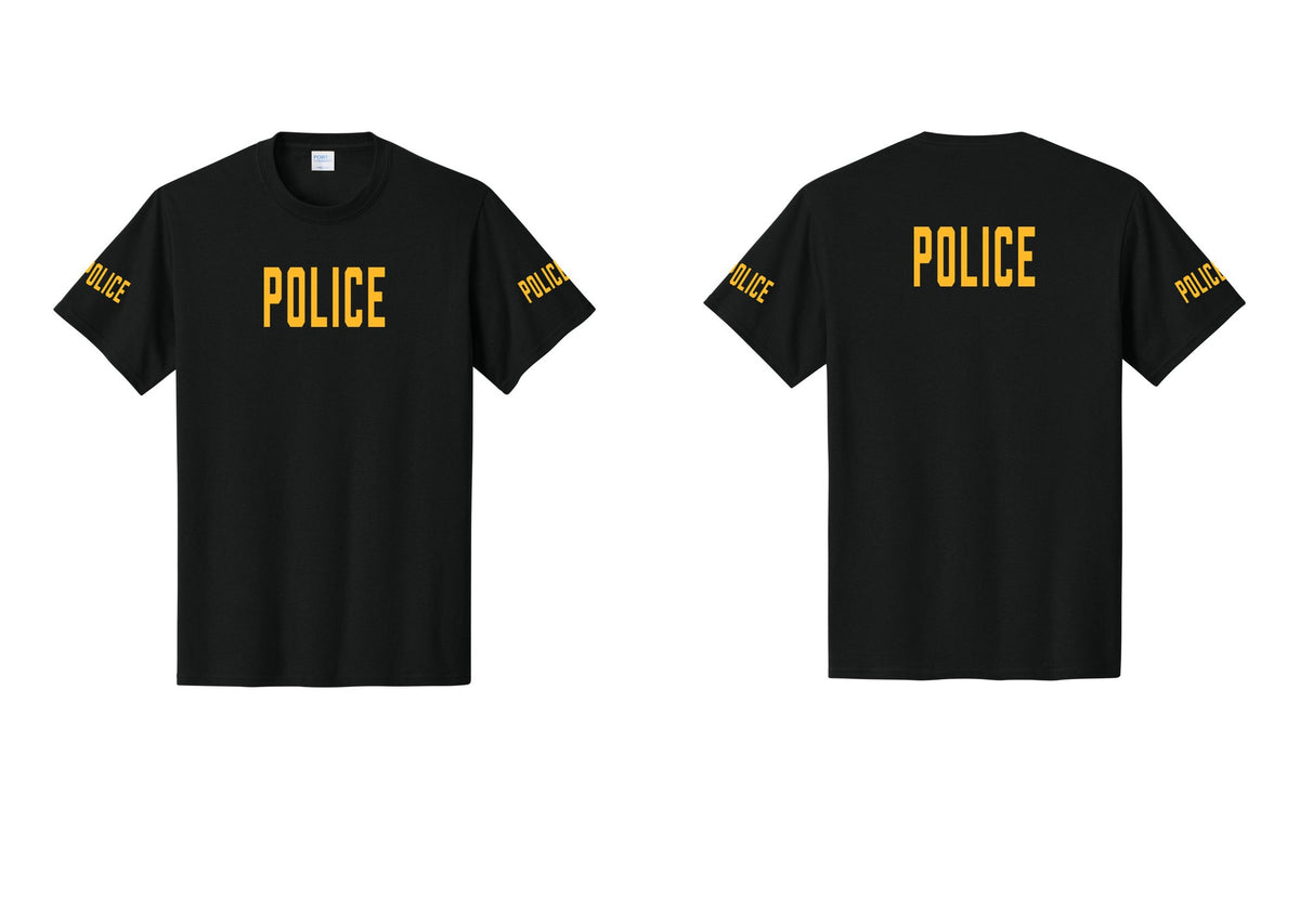 NYC Factory Police T-Shirt, Condensed Lettering - Front + Back + Police Sleeves - Black / Gold