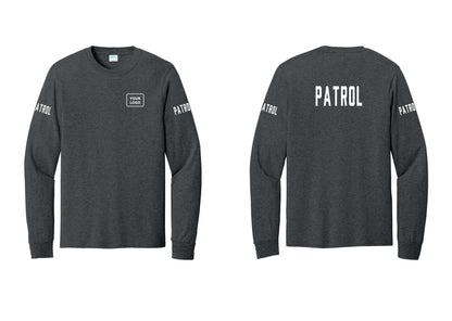 NYC Factory Custom Logo Patrol Cotton Long Sleeve T-Shirt (Classic) - Your Logo + Back + Patrol Sleeves - Dark Heather Grey