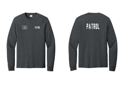 NYC Factory Custom Logo Patrol Cotton Long Sleeve T-Shirt (Classic) - PATROL + Your Logo + Back - Dark Heather Grey