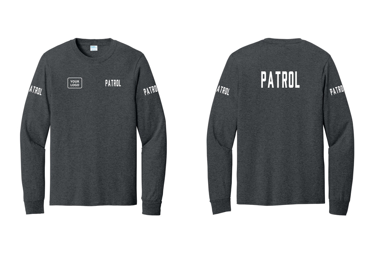 NYC Factory Custom Logo Patrol Cotton Long Sleeve T-Shirt (Classic) - PATROL + Your Logo + Back + Patrol Sleeves - Dark Heather Grey