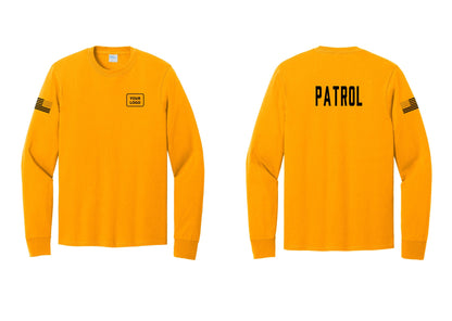 NYC Factory Custom Logo Patrol Cotton Long Sleeve T-Shirt (Classic) - Your Logo + Back + US Flag Sleeve - Gold