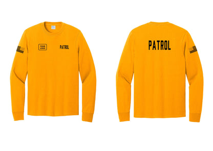 NYC Factory Custom Logo Patrol Cotton Long Sleeve T-Shirt (Classic) - PATROL + Your Logo + Back + US Flag Sleeve - Gold