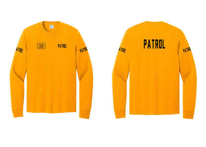 NYC Factory Custom Logo Patrol Cotton Long Sleeve T-Shirt (Classic) - PATROL + Your Logo + Back + Patrol Sleeves - Gold