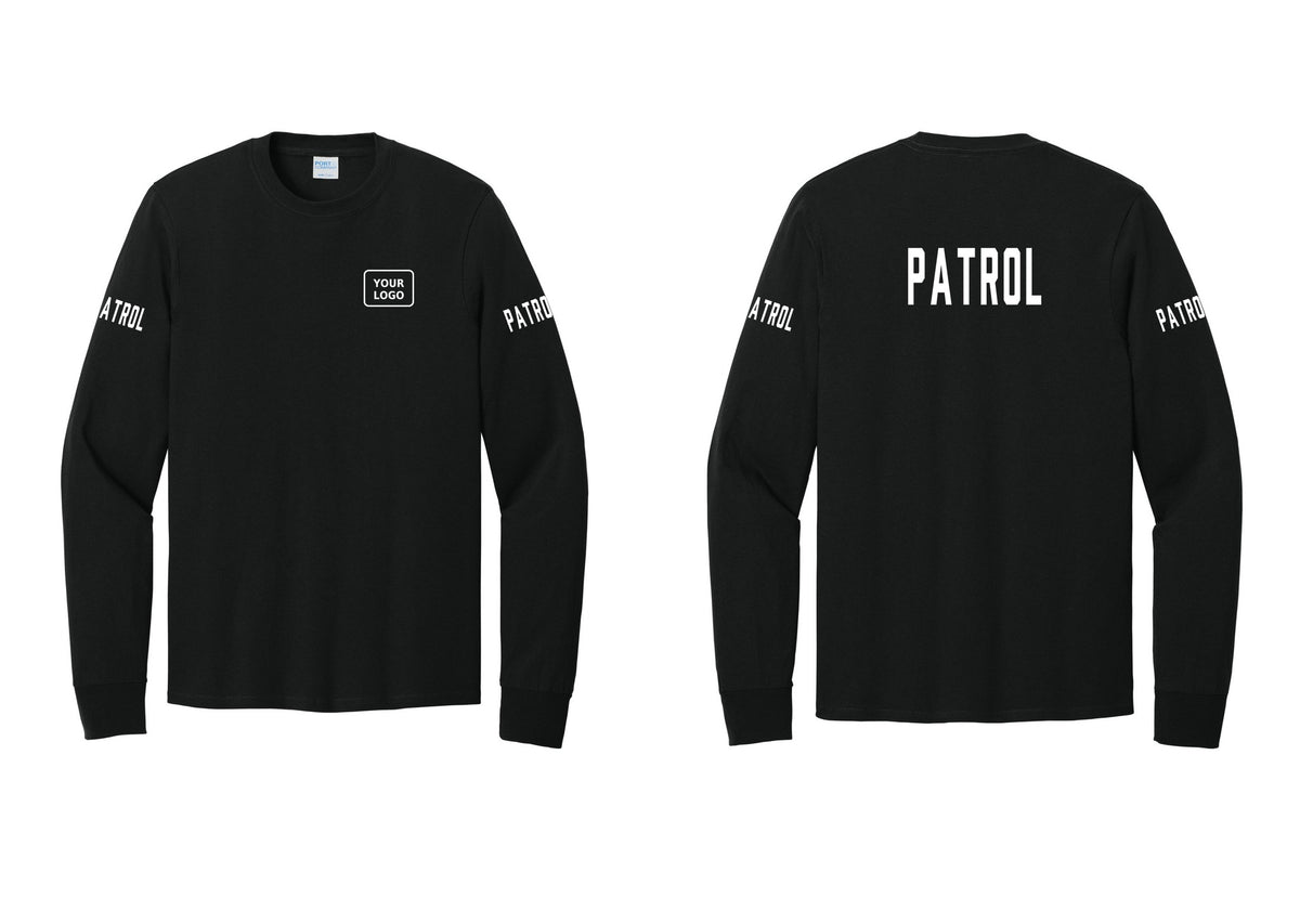 NYC Factory Custom Logo Patrol Cotton Long Sleeve T-Shirt (Classic) - Your Logo + Back + Patrol Sleeves - Black