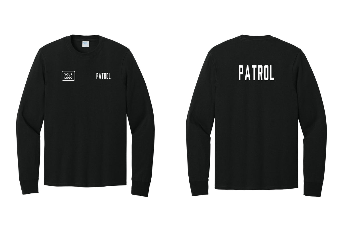 NYC Factory Custom Logo Patrol Cotton Long Sleeve T-Shirt (Classic) - PATROL + Your Logo + Back - Black