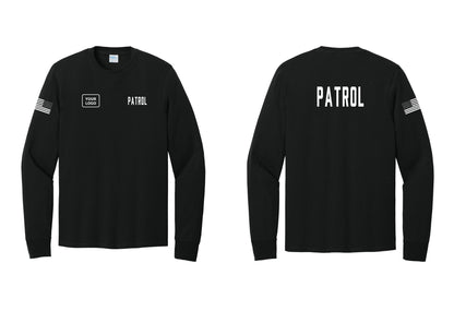 NYC Factory Custom Logo Patrol Cotton Long Sleeve T-Shirt (Classic) - PATROL + Your Logo + Back + US Flag Sleeve - Black
