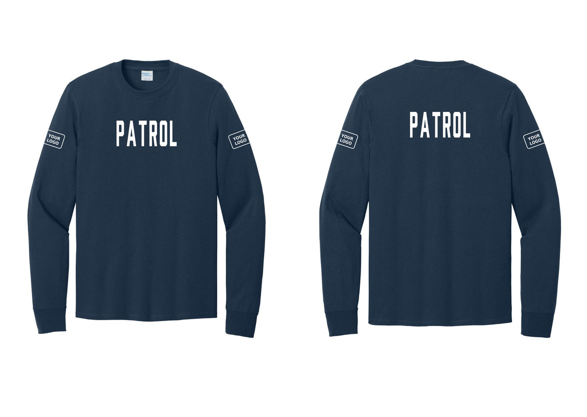 NYC Factory Custom Logo Patrol Cotton Long Sleeve T-Shirt (Classic) - Front + Back + Your Logo Sleeves - Navy