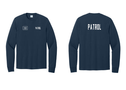 NYC Factory Custom Logo Patrol Cotton Long Sleeve T-Shirt (Classic) - PATROL + Your Logo + Back - Navy