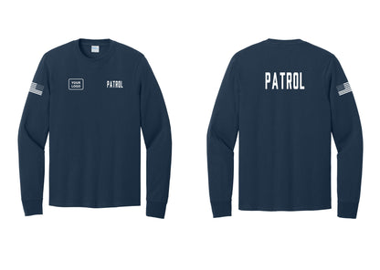NYC Factory Custom Logo Patrol Cotton Long Sleeve T-Shirt (Classic) - PATROL + Your Logo + Back + US Flag Sleeve - Navy