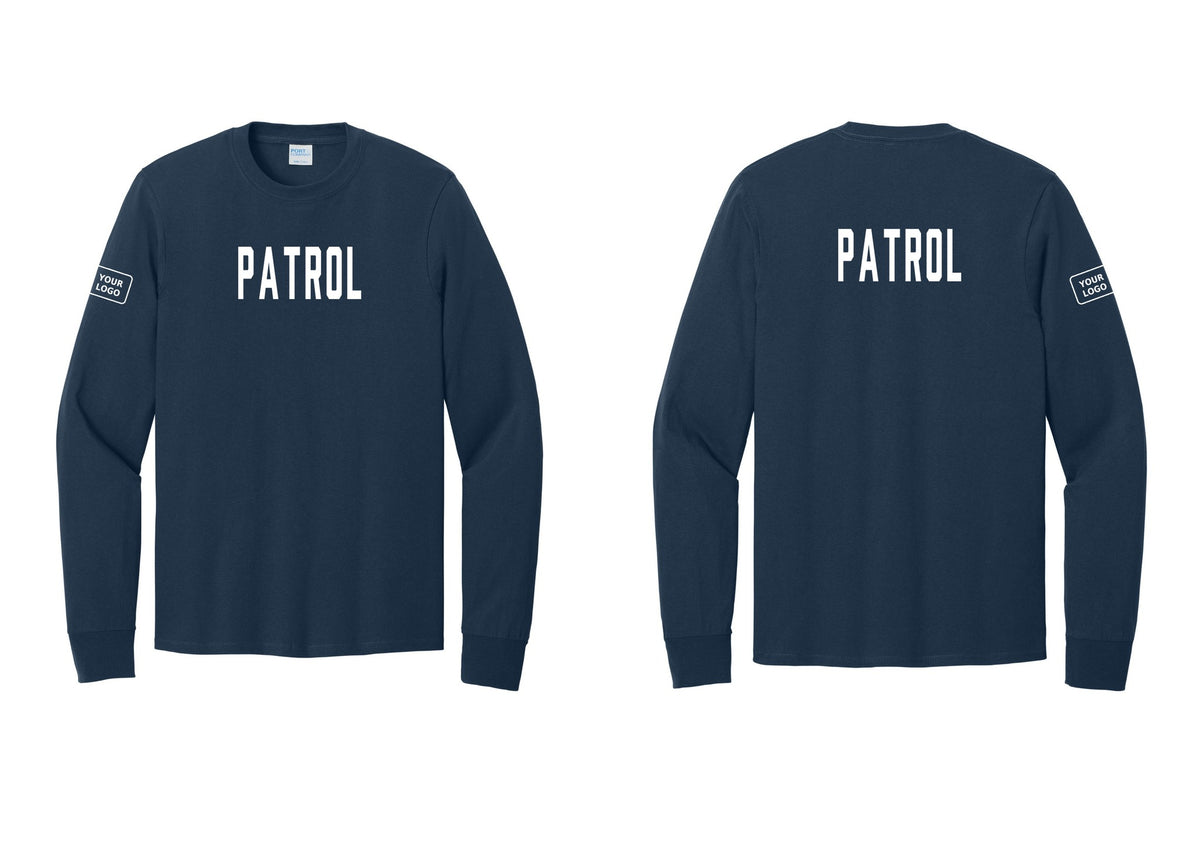 NYC Factory Custom Logo Patrol Cotton Long Sleeve T-Shirt (Classic) - Front + Back + Your Logo Sleeve - Navy
