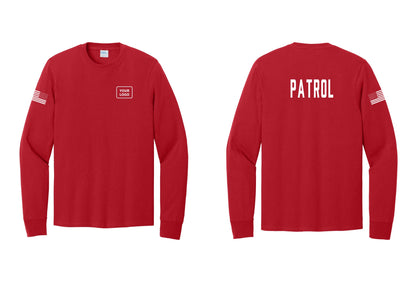 NYC Factory Custom Logo Patrol Cotton Long Sleeve T-Shirt (Classic) - Your Logo + Back + US Flag Sleeve - Red