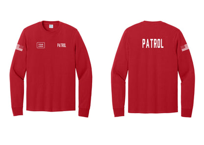 NYC Factory Custom Logo Patrol Cotton Long Sleeve T-Shirt (Classic) - PATROL + Your Logo + Back + US Flag Sleeve - Red