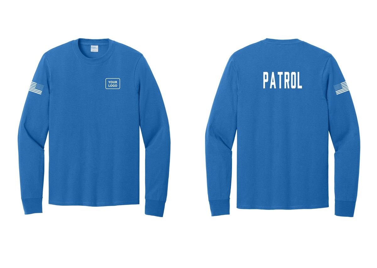 NYC Factory Custom Logo Patrol Cotton Long Sleeve T-Shirt (Classic) - Your Logo + Back + US Flag Sleeve - Royal