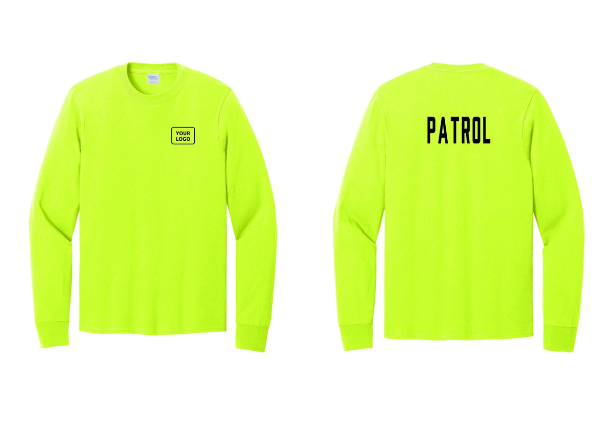 NYC Factory Custom Logo Patrol Cotton Long Sleeve T-Shirt (Classic) - Your Logo + Back - Safety Green